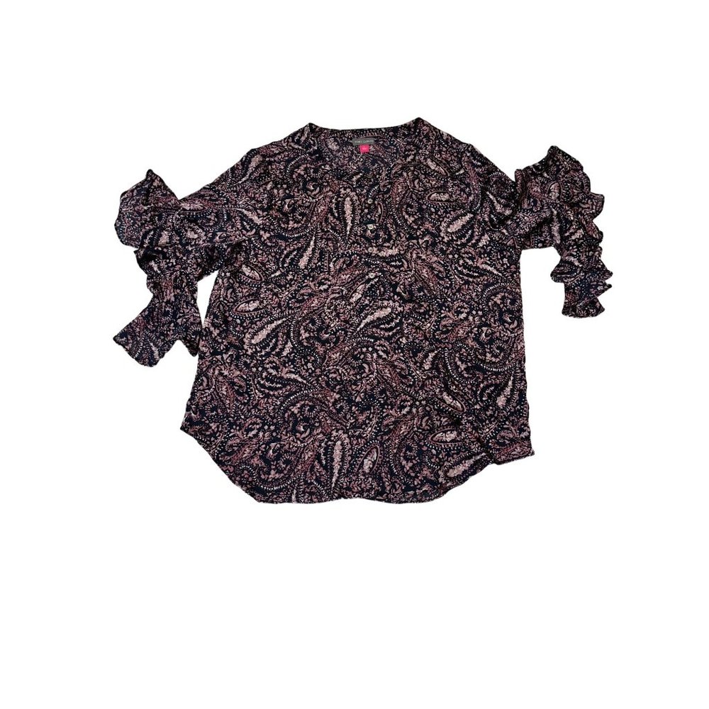 Vince Camuto Womens Size Large Purple Paisley Ruffled Bell Sleeve Popover Blouse - Picture 11 of 13